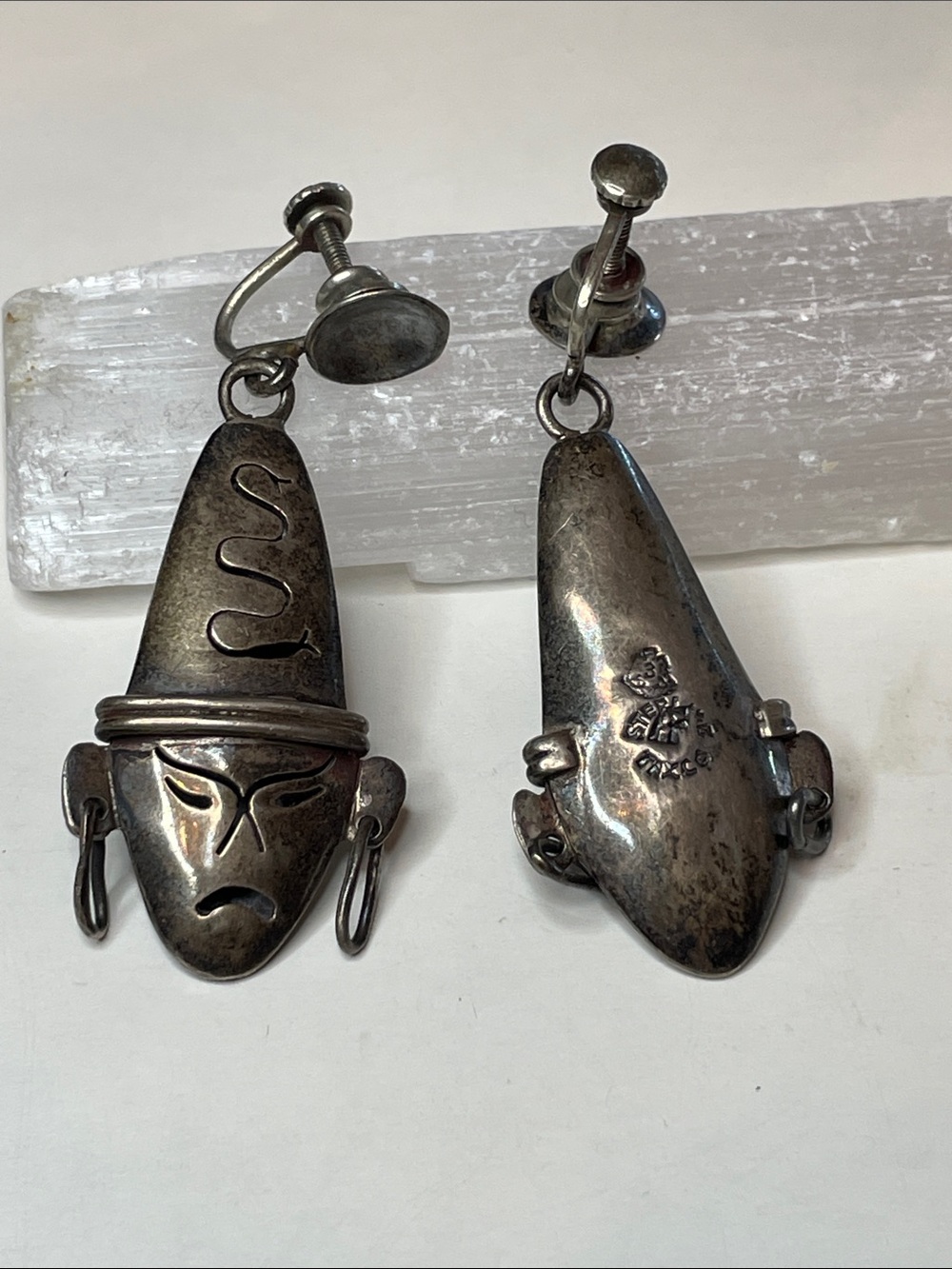 Vintage Taxco Mexican Sterling Silver Mayan or Aztec Mask Design Earrings
